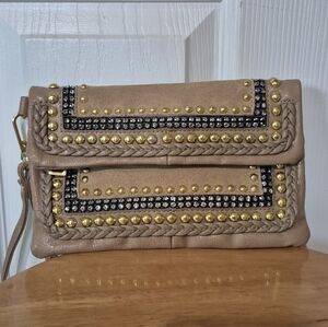 Cache Tan Leather Gold Beaded Rhinestone Wristlet